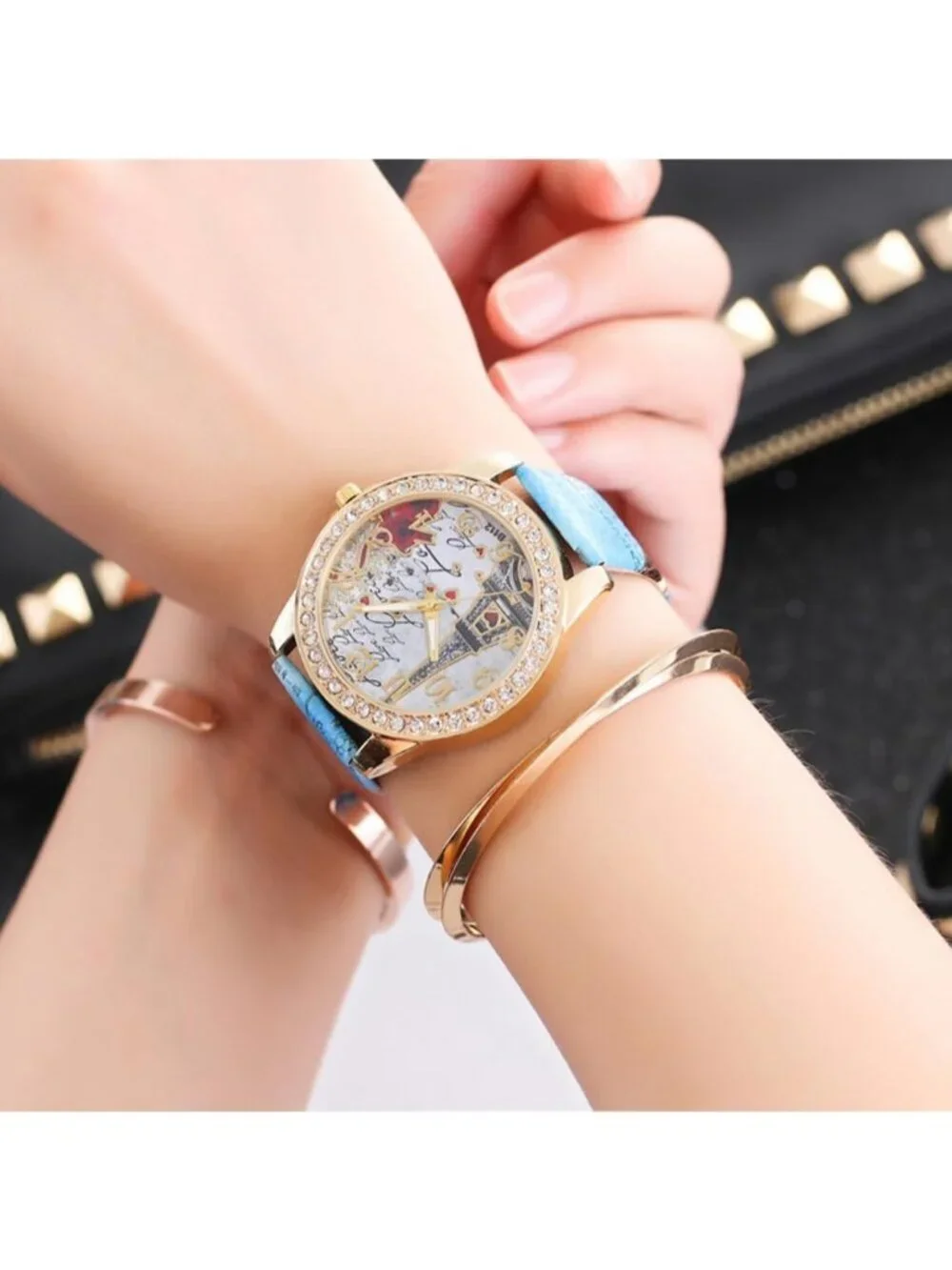 Women's Brown Analog Quartz Solid Pu Leather Strap Bling Rhinestone Wrist Watch